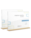 PORTA CARTEL METACRILATO CON BASE DE MADERA