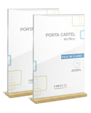 PORTA CARTEL METACRILATO CON BASE DE MADERA