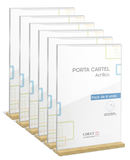PORTA CARTEL METACRILATO CON BASE DE MADERA