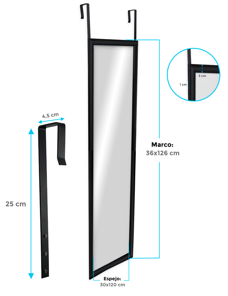 Chely Intermarket Espejo de puerta cuerpo entero para habitacion 30x120cm(exterior 33x123) MOD.19004