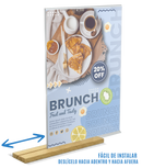 PORTA CARTEL METACRILATO CON BASE DE MADERA