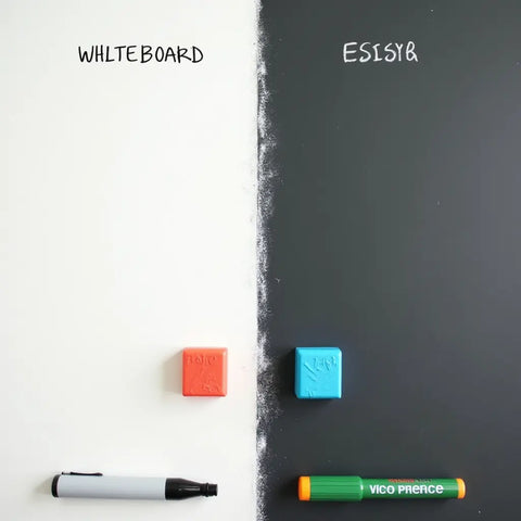 Comparación entre una pizarra blanca y una pizarra de tiza con rotuladores y borradores