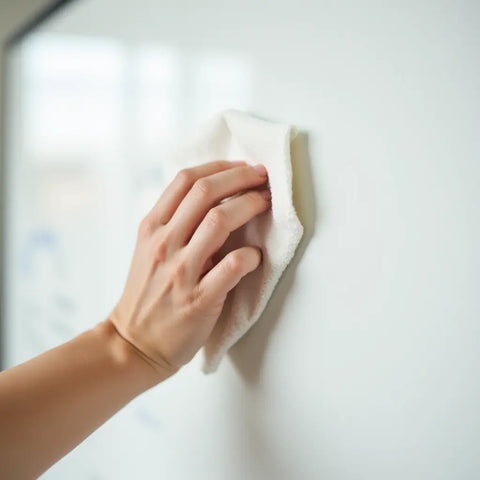 Mano limpiando una pizarra blanca con un paño para mantenimiento regular